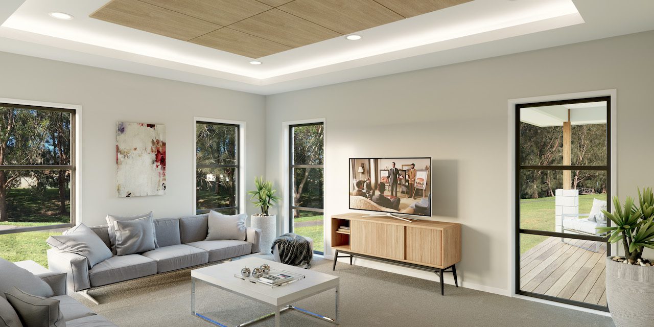 Styled living room with layered textures, feature lighting and greenery