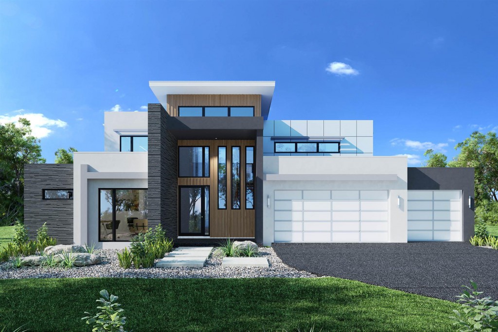 The Blue Water 530 home facade featuring an example of two-storey contemporary home designs.